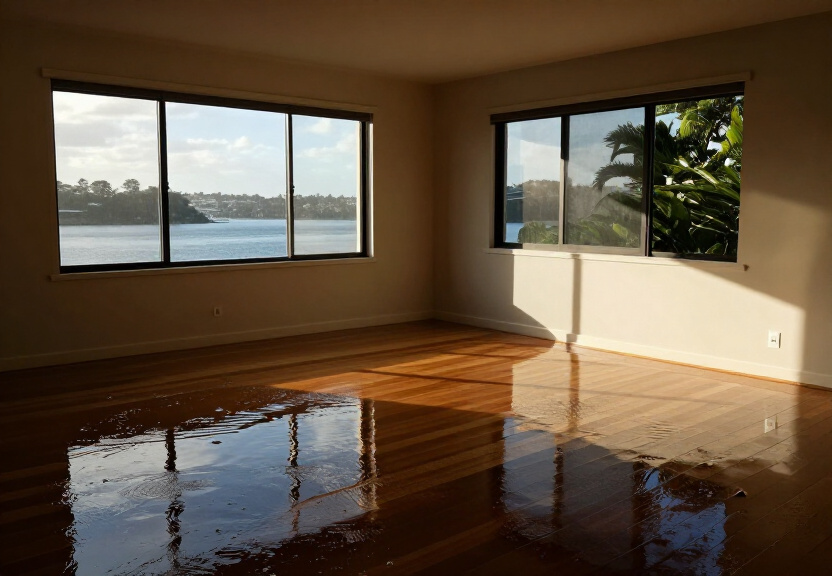 Flooded living room in Mulgrave before restoration